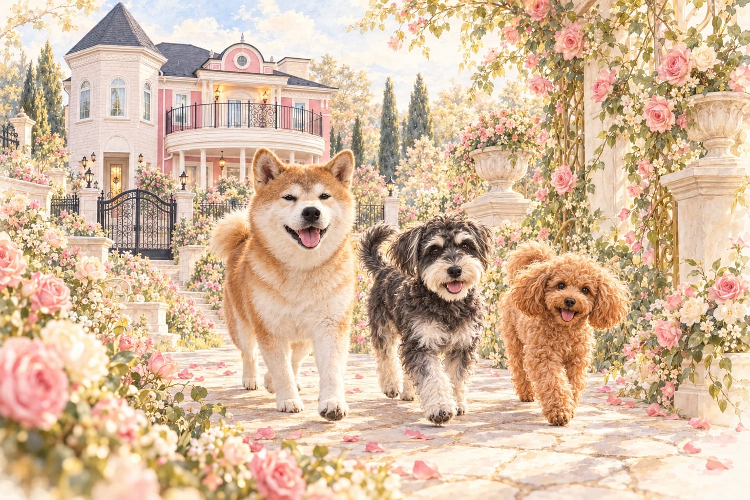シャトープリンセスから3匹の犬がお散歩へ出かけるイラスト
